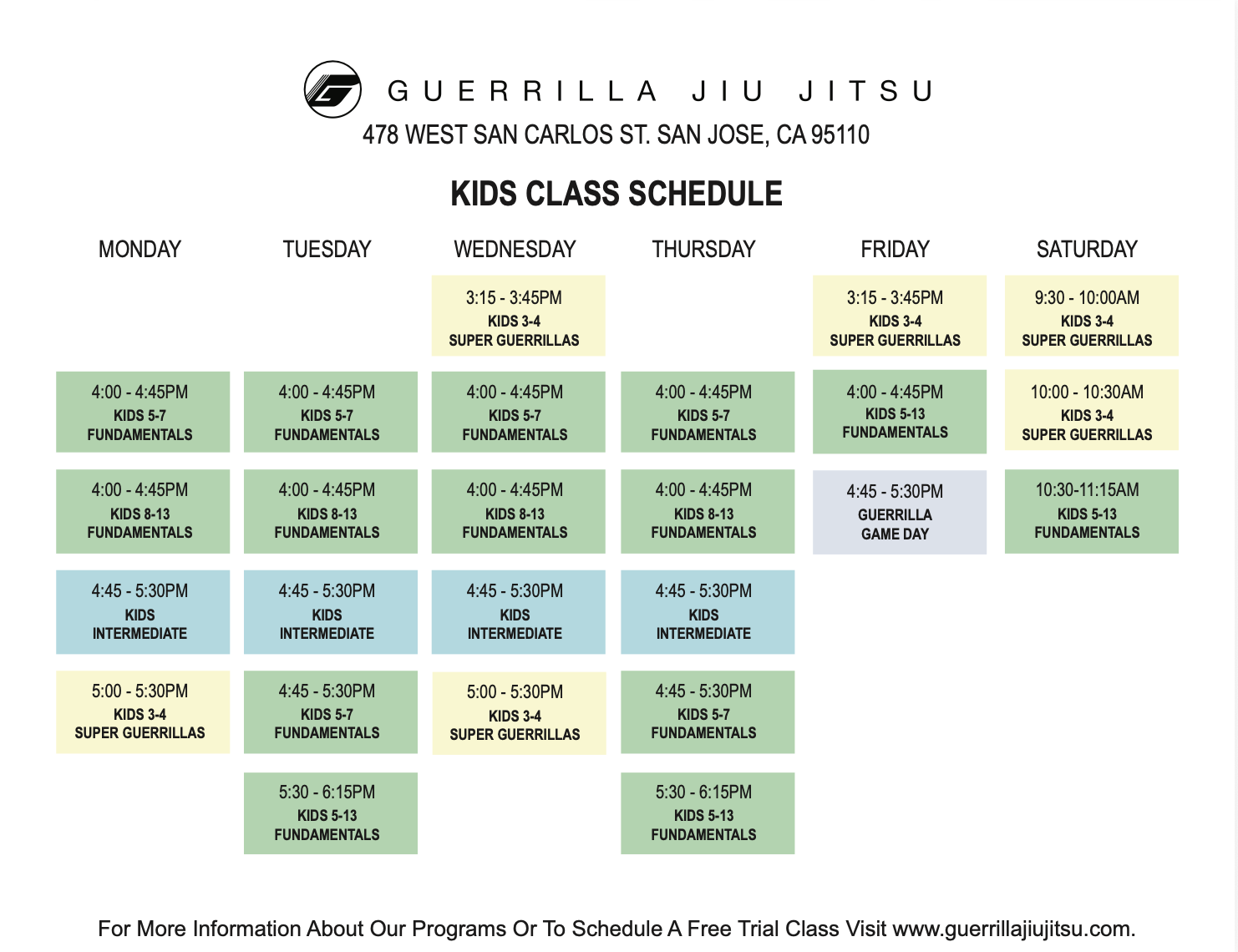 Youth Jiu-Jitsu Class Schedule Youth Jiu-Jitsu Class Schedule